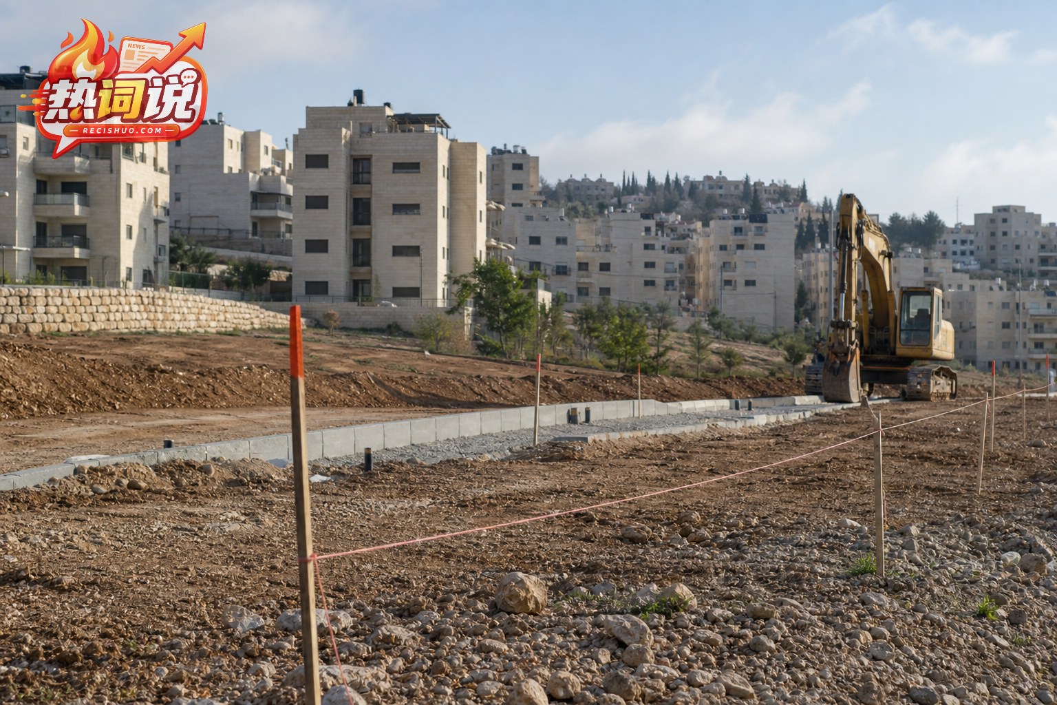 丘陵住宅区边缘的施工场地与挖掘机,示意定居点建设争议