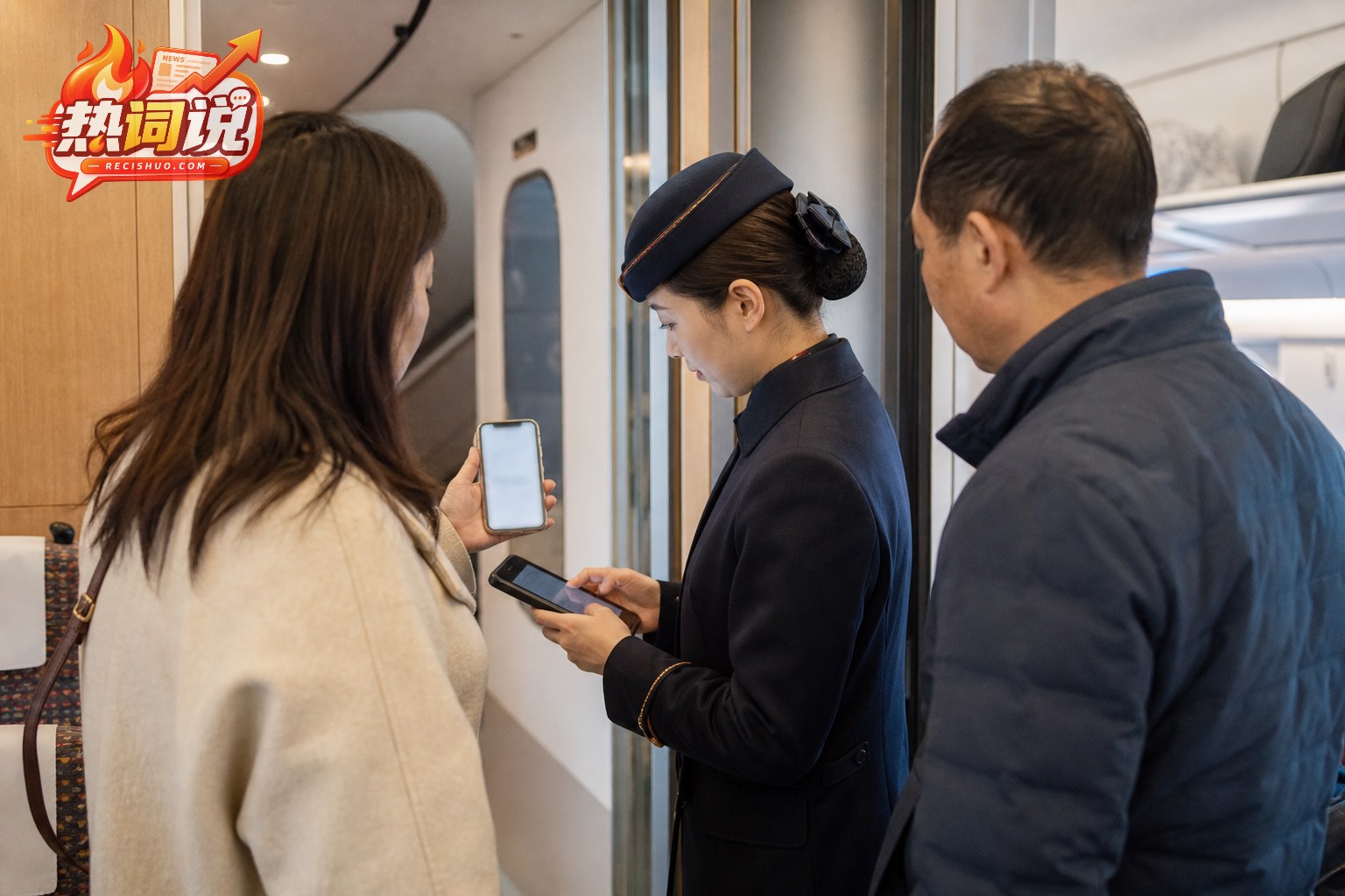 列车工作人员核对旅客电子车票并协调处理座位争议
