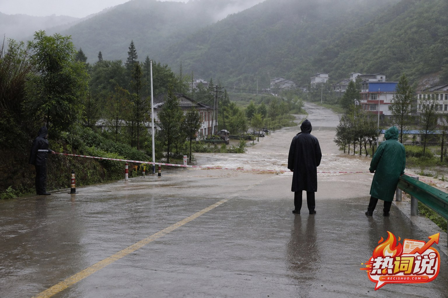 山区暴雨中工作人员在安全位置封控被洪水漫过的道路