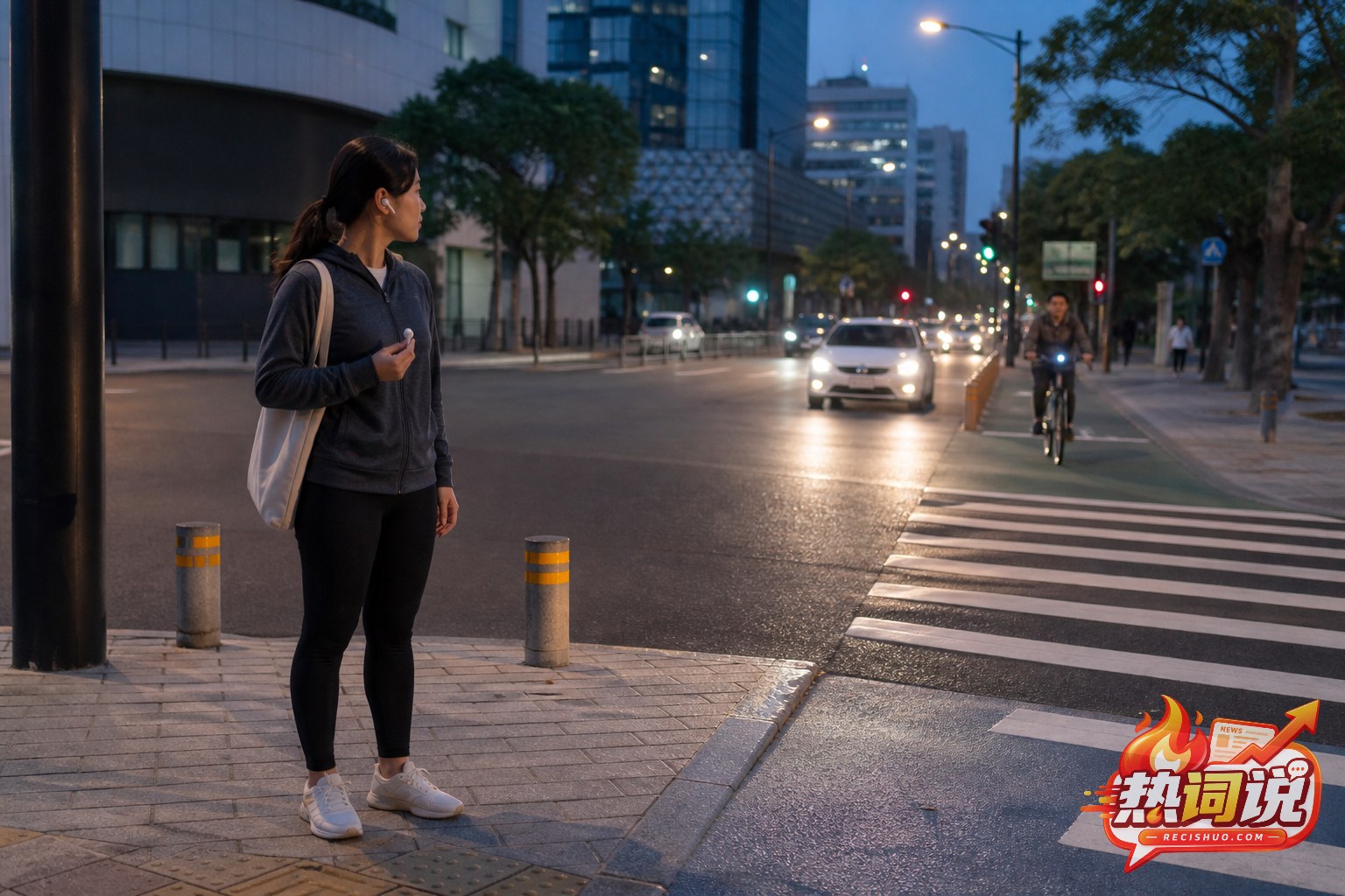 佩戴耳机的行人在城市路口停下并观察来车