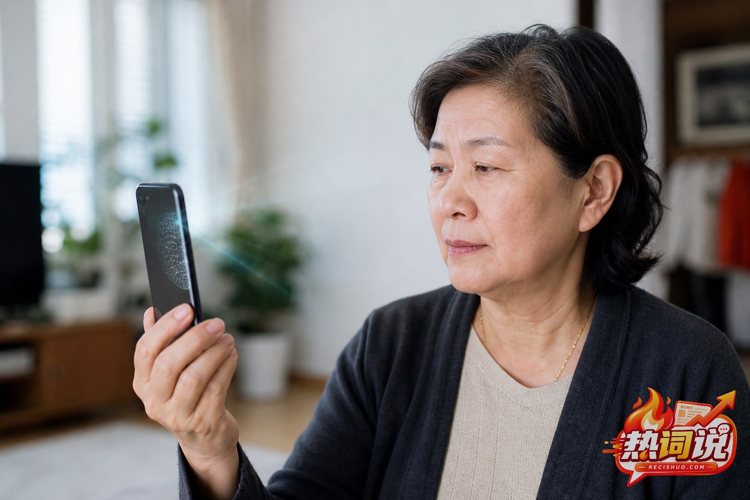 老年女士在家中查看手机,屏幕反光呈现人脸识别轮廓,提示生物信息泄露风险