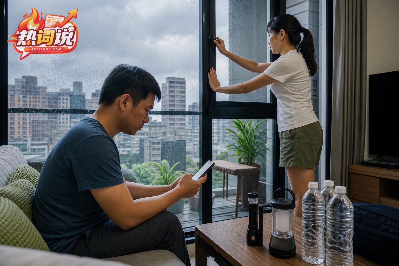 居民查看天气信息并收好阳台物品准备防风