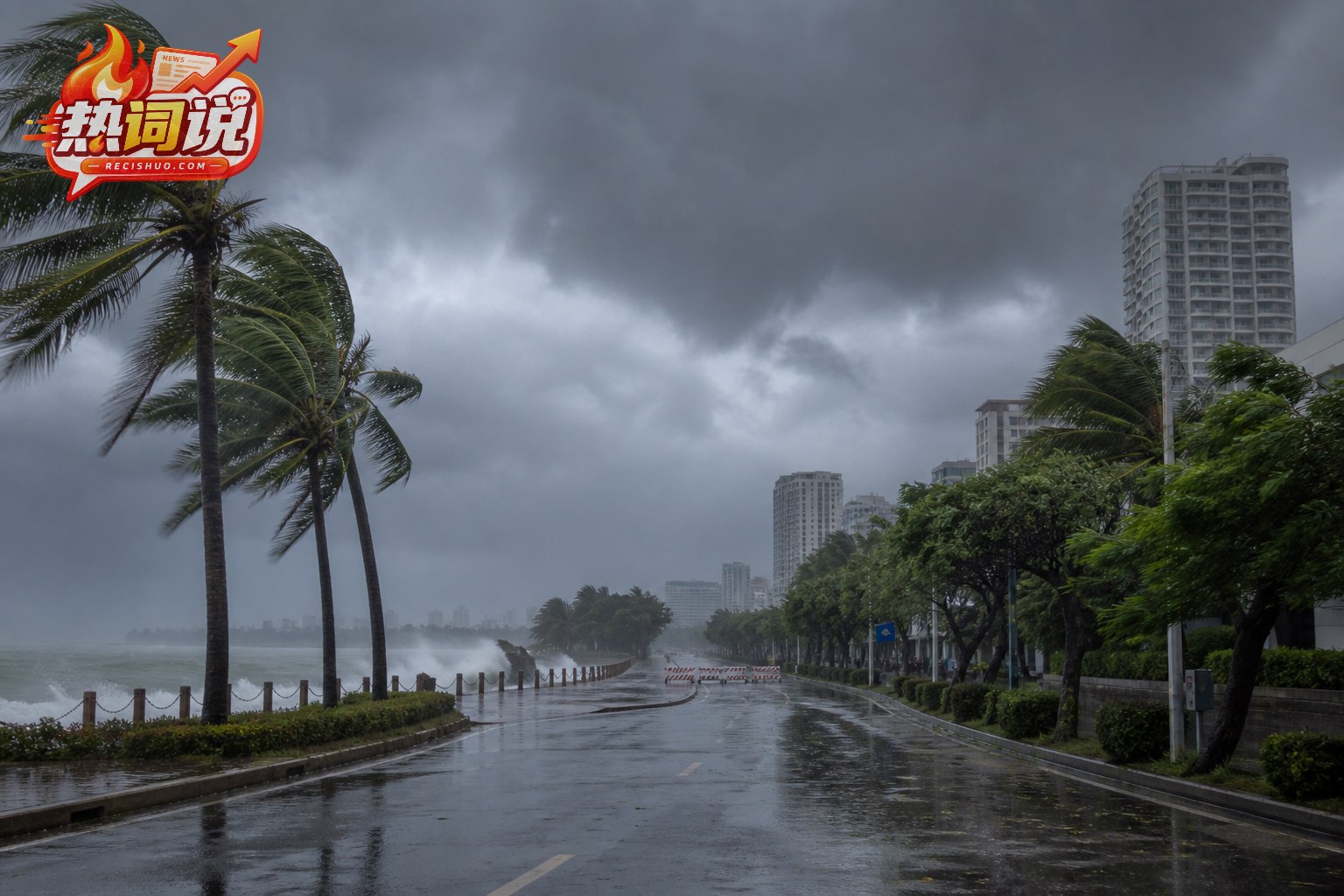 台风影响下乌云密布、风雨交加的南方沿海城市道路