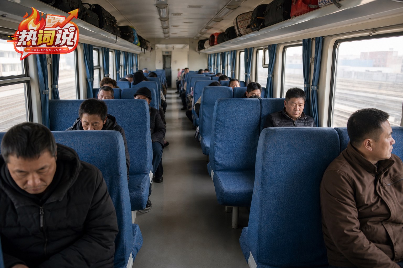 普通旅客列车硬座车厢内整齐排列的蓝色座椅与一处空位