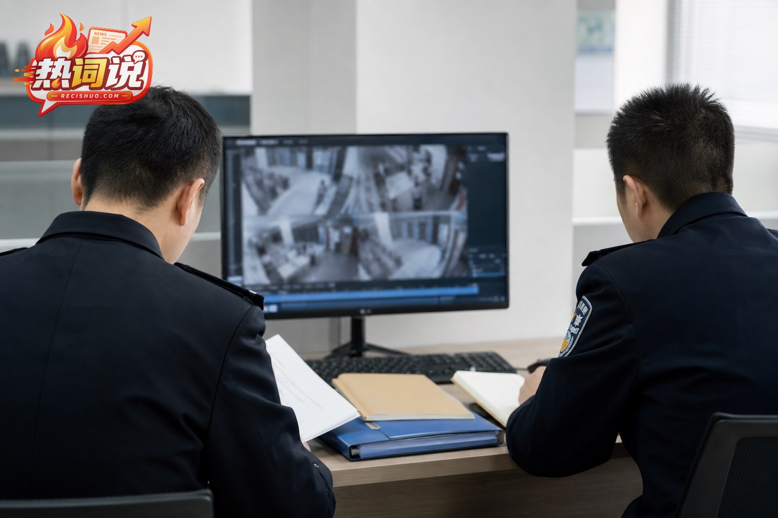 警务人员在办公区核对公共场所监控资料
