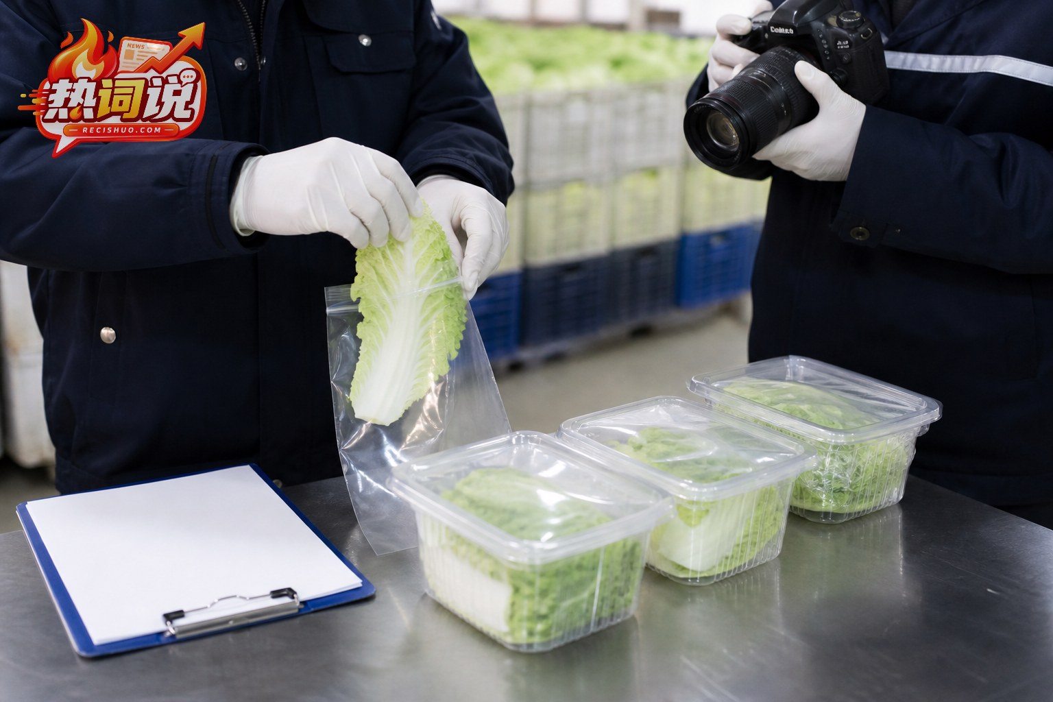 检查人员在蔬菜仓储区域封存白菜样品并记录取证
