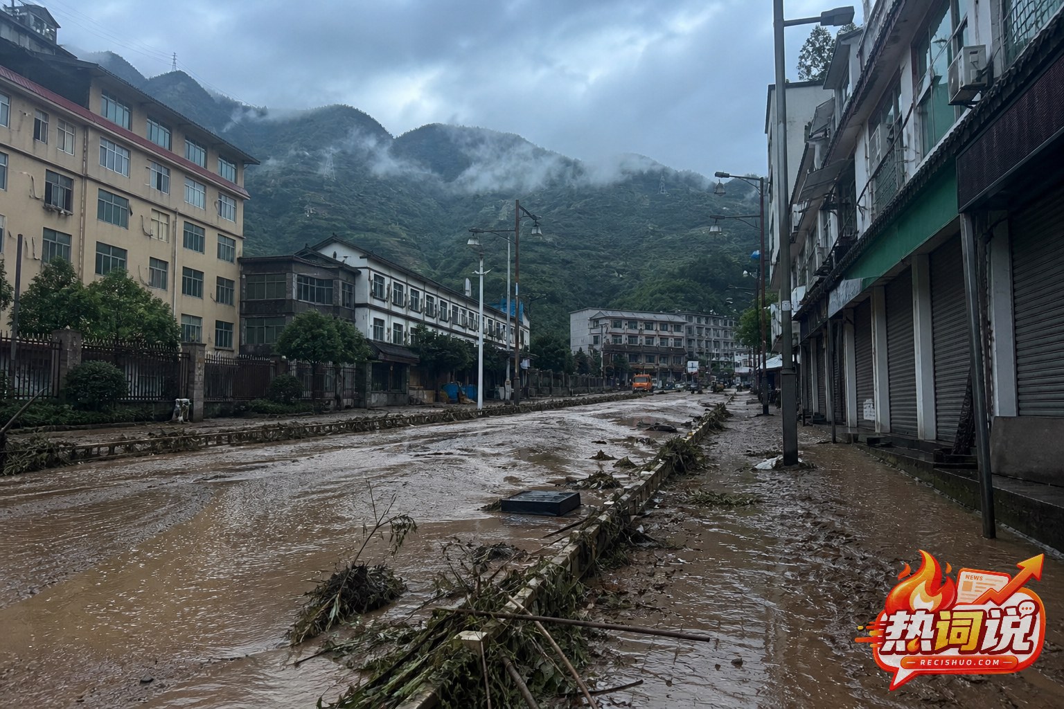 暴雨过后四川山区县城街道留有浑浊积水和山洪冲刷杂物
