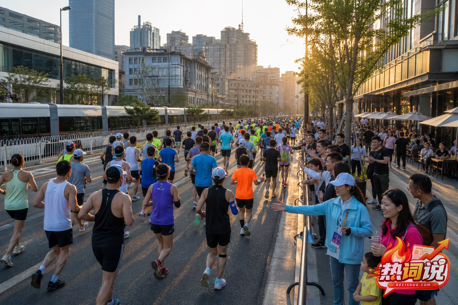 傍晚城市商业街区举行路跑赛事,参赛者奔跑、观众沿途助威