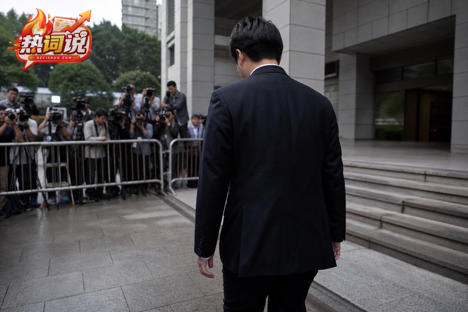 一名匿名男子在媒体注视下走向法院入口的新闻场景