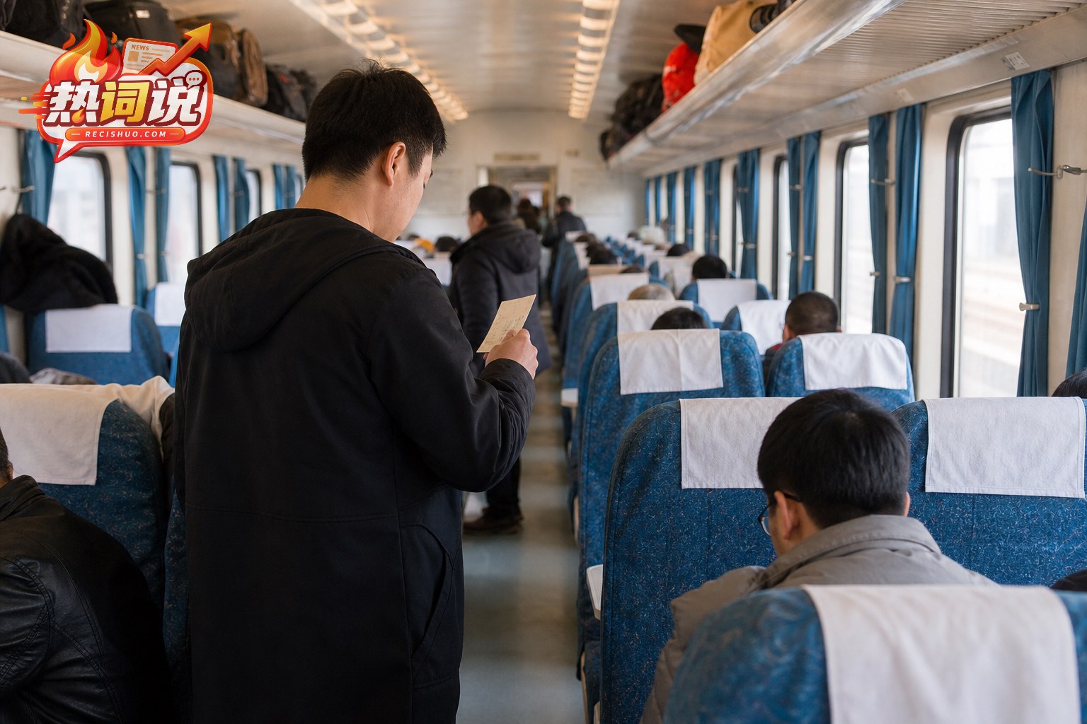 旅客在列车车厢过道内核对车票与座席信息的场景