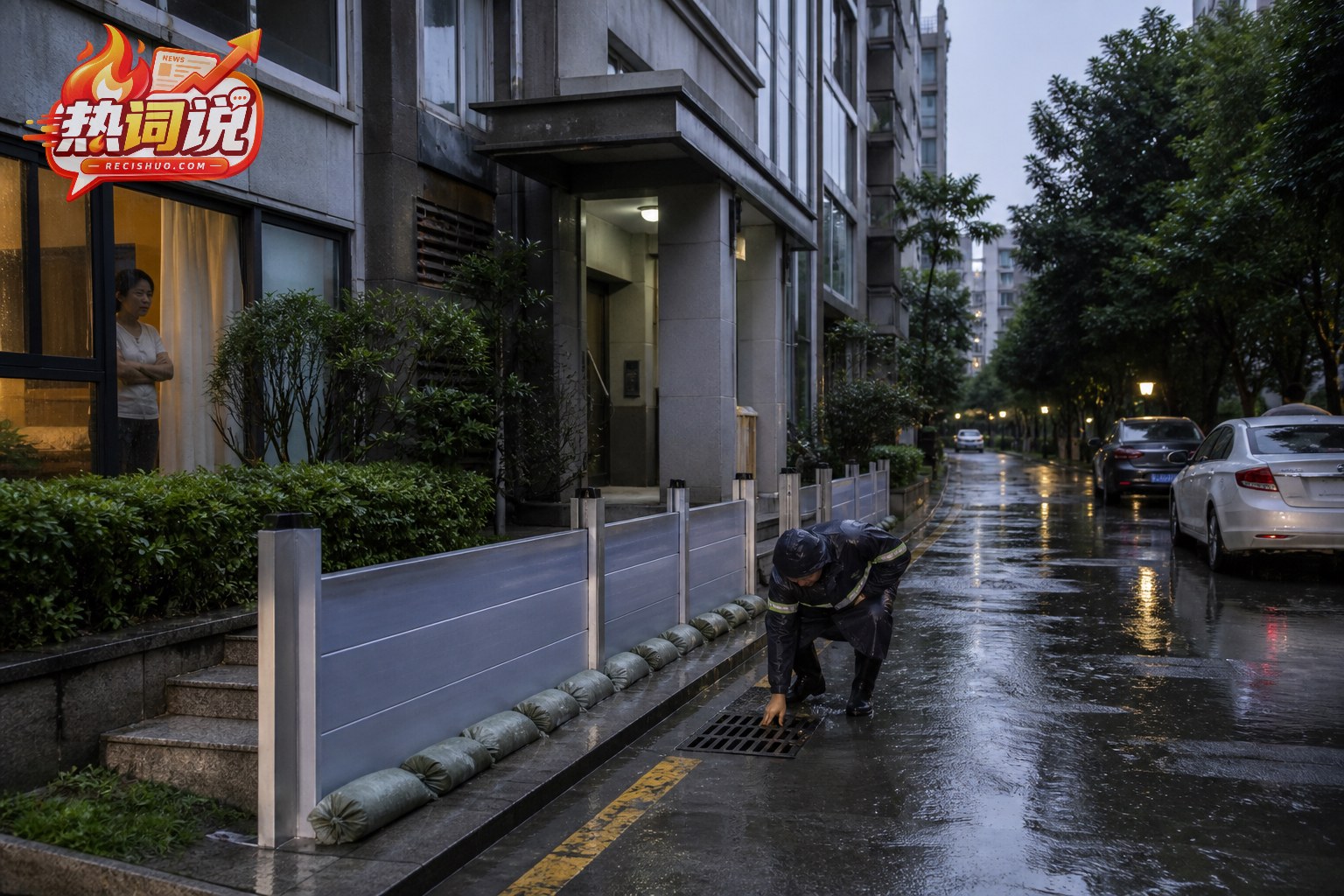 华南沿海居民小区设置防水挡板和沙袋,工作人员检查排水口
