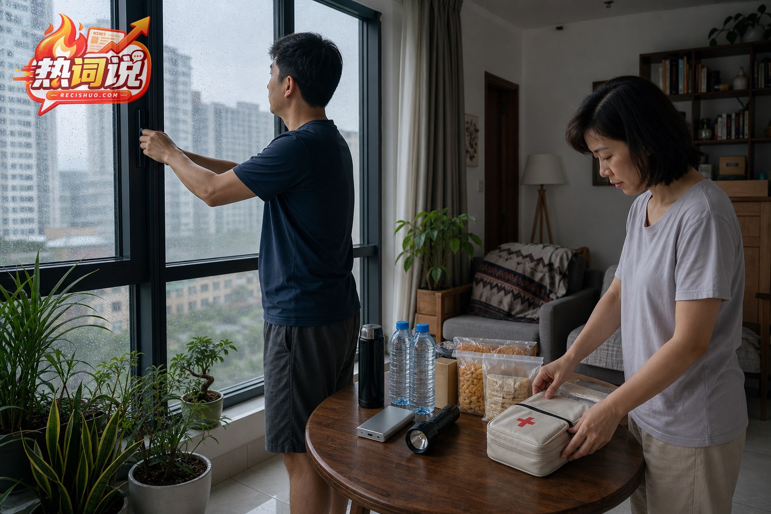 居民在强降雨到来前检查窗户并整理应急物资