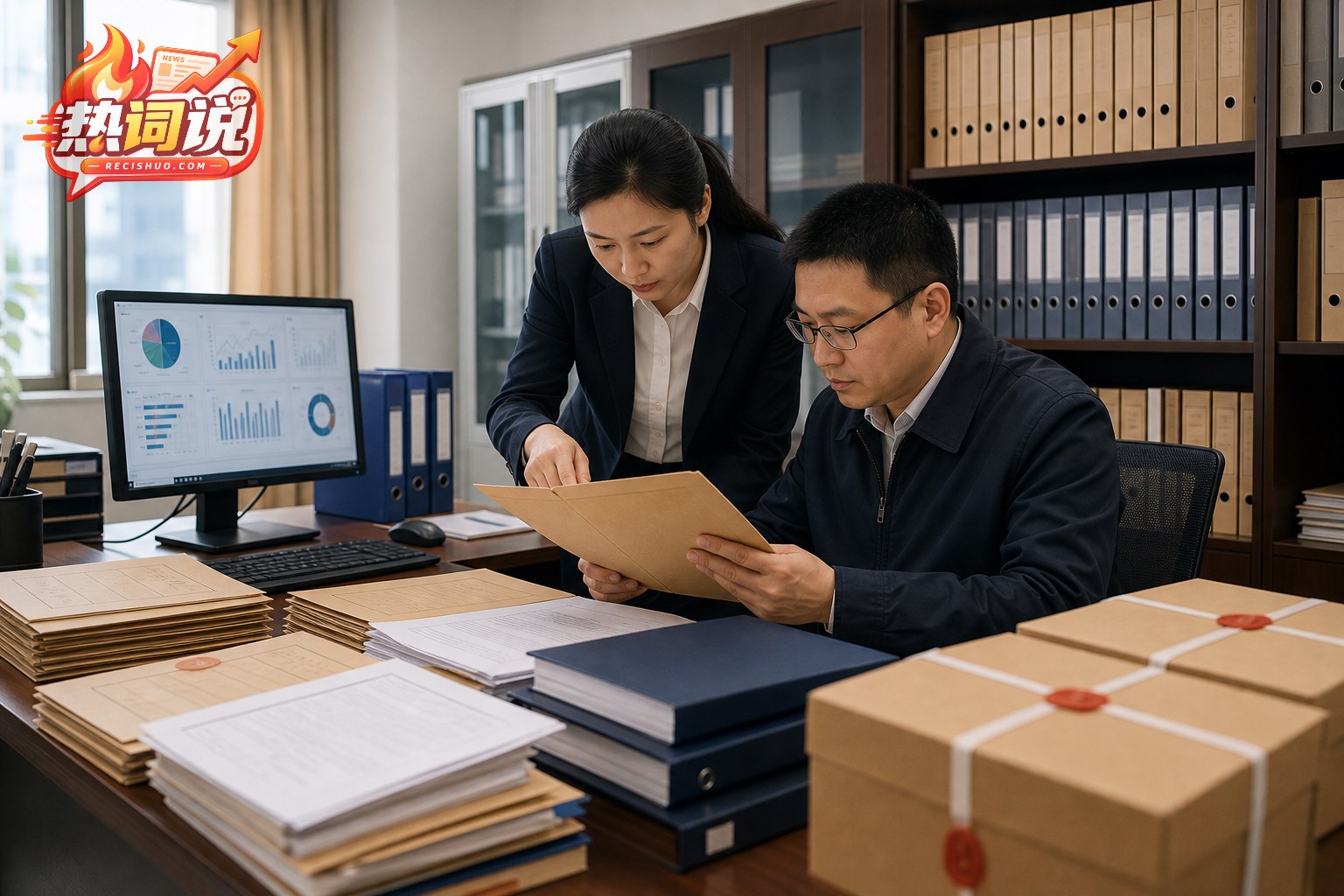 监督工作人员在档案室内核对文件和数据资料