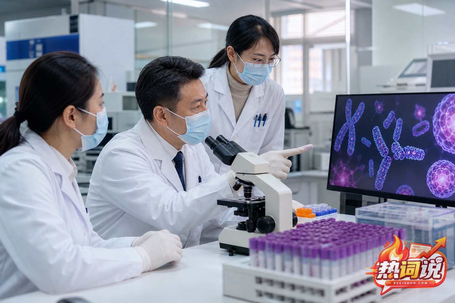 血液科医生与检验人员结合显微镜和染色体影像开展白血病精准诊断