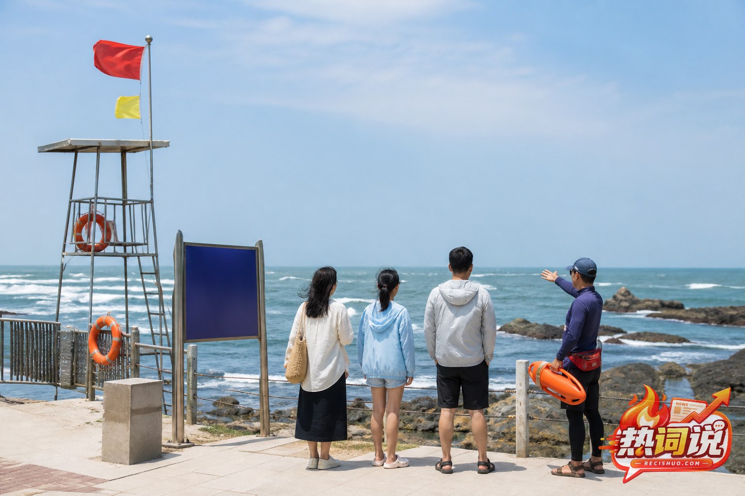 海滩工作人员在安全设施旁向游客说明风浪和礁石区域的风险