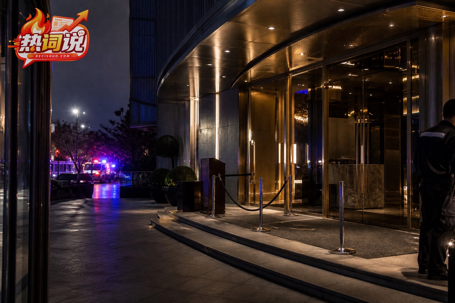 夜间公共娱乐场所入口外有警用车辆灯光的克制新闻场景
