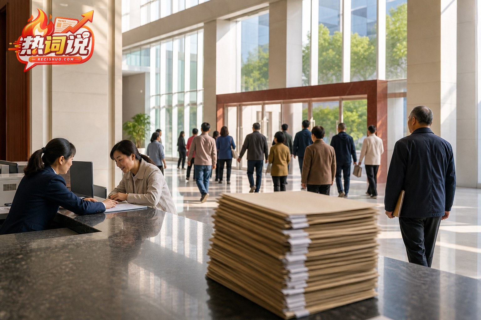 阳光下的公共服务大厅内,工作人员接待群众,桌面摆放整齐的待核查档案