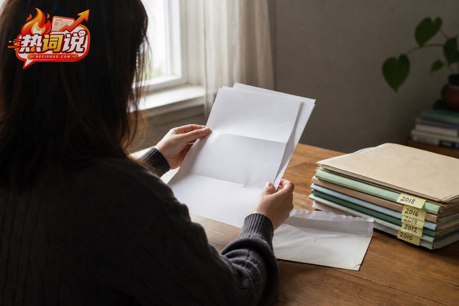 成年女性在家中查看书面回复和多年旧资料的纪实画面