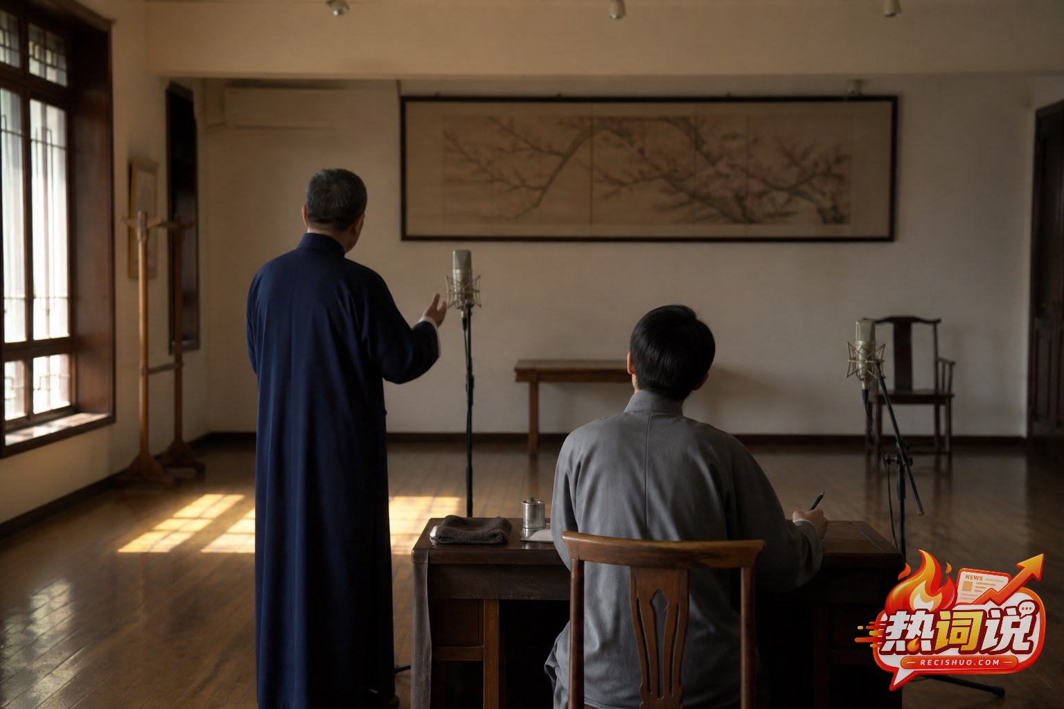 传统排练室内两名不具名相声从业者交流表演方法的背影
