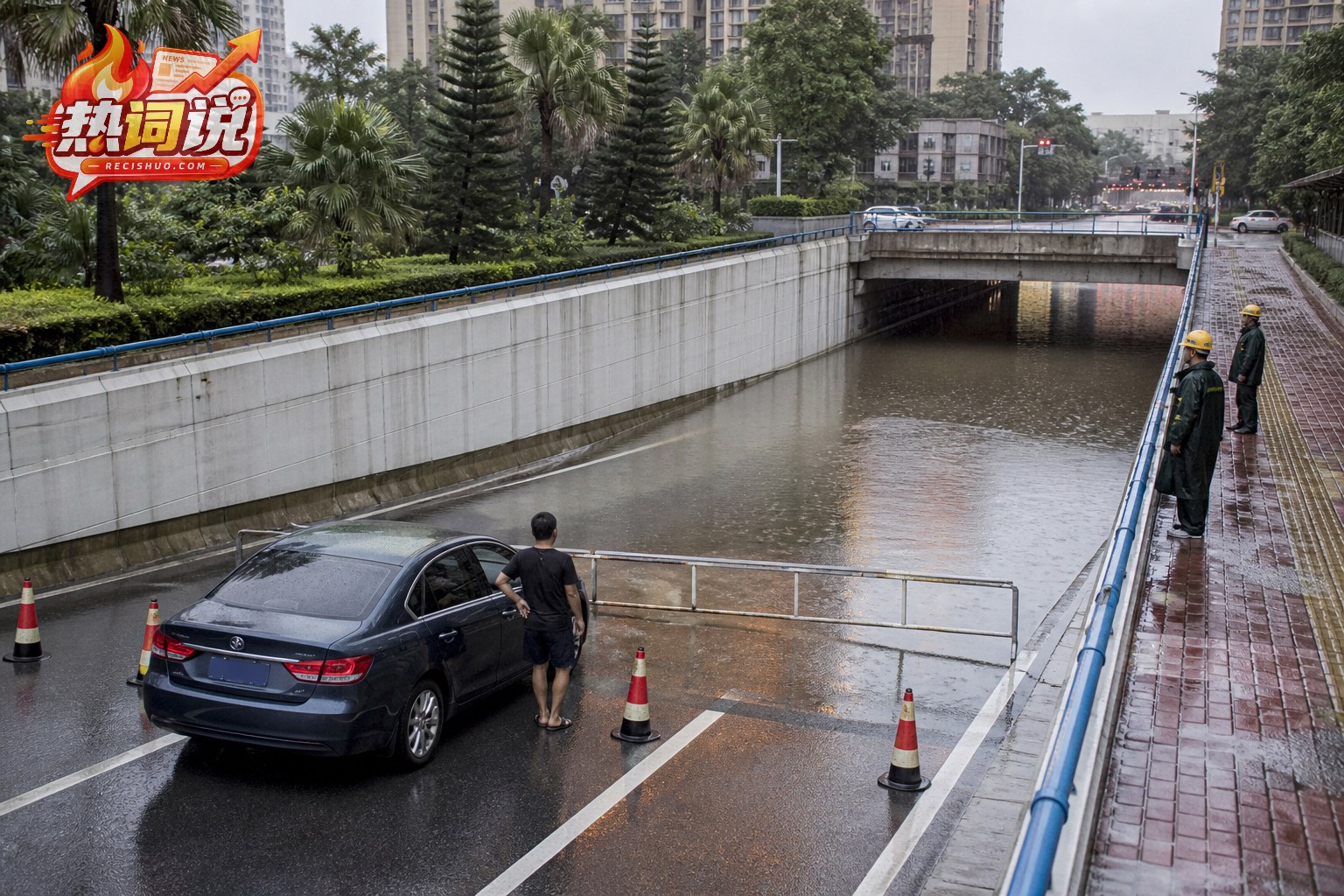 强降雨后城市下穿通道积水并设置围挡禁止车辆通行