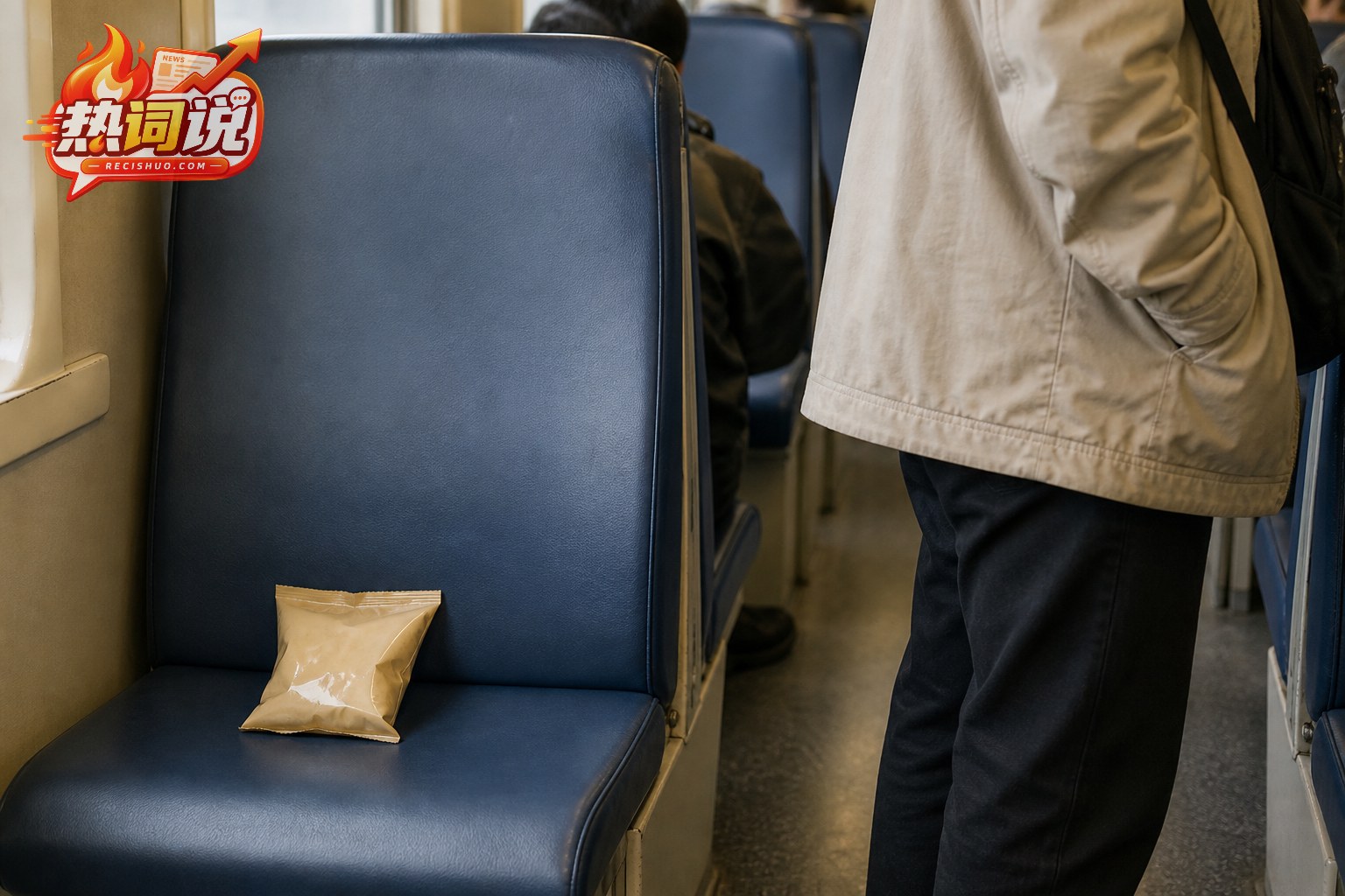列车空座上放着一袋零食且旁边有旅客站在过道中