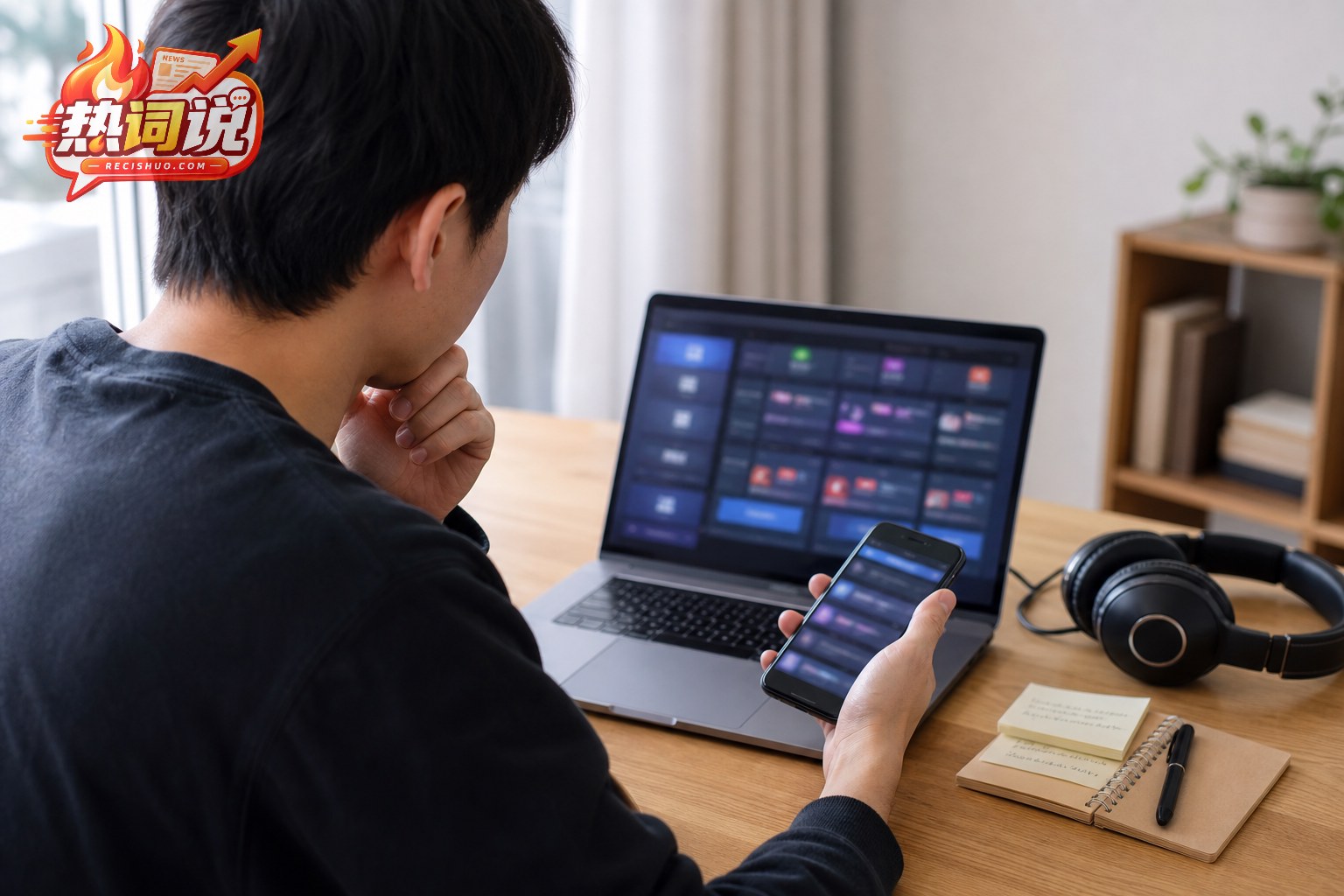 观众在居家书桌前通过电脑和手机交叉核对赛事日程与直播信息