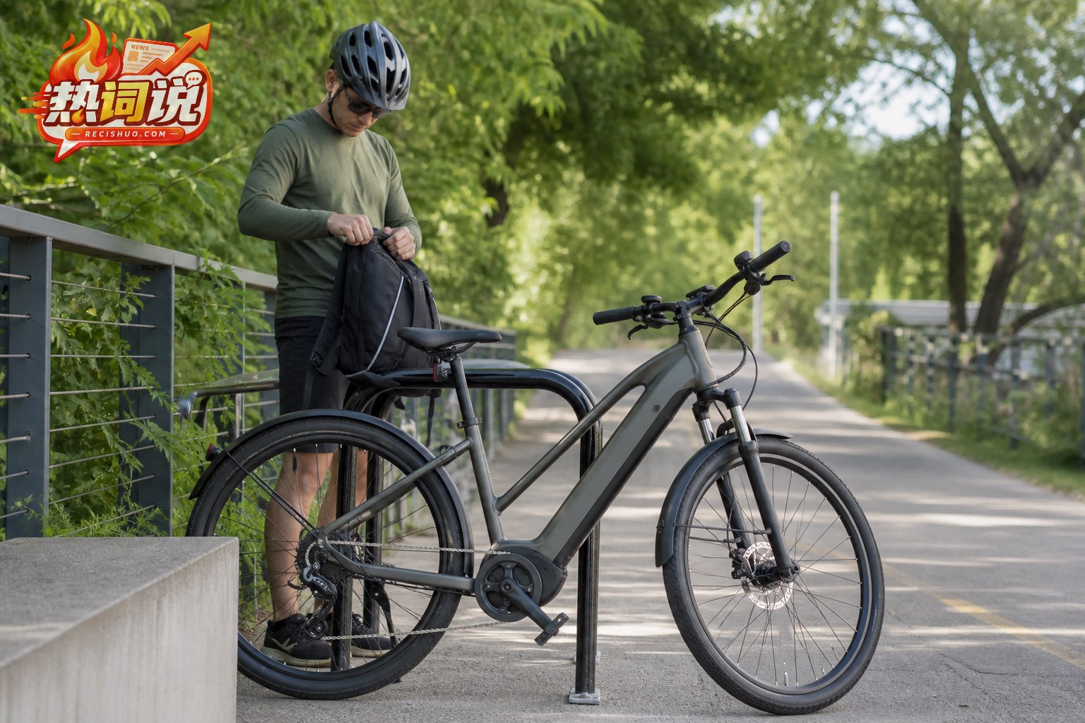 绿道旁配有集成式电池和中置电机的城市型E-bike