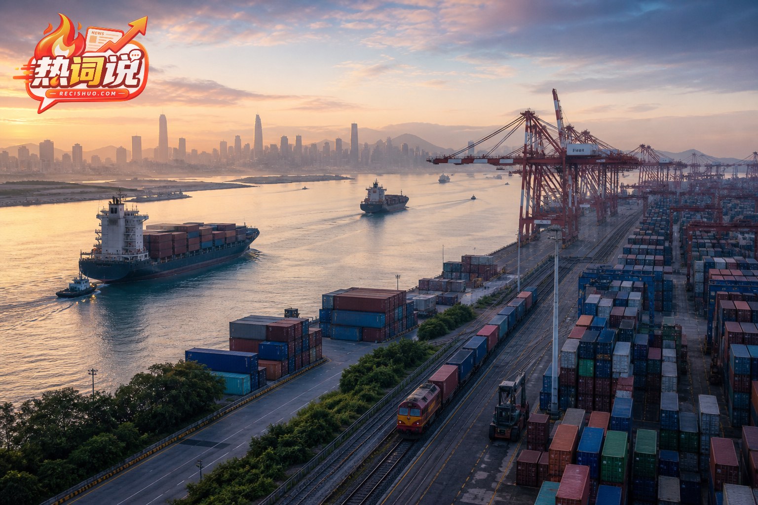 晨光中的中国现代化港口,货轮、集装箱码头和铁路共同呈现双向贸易联系