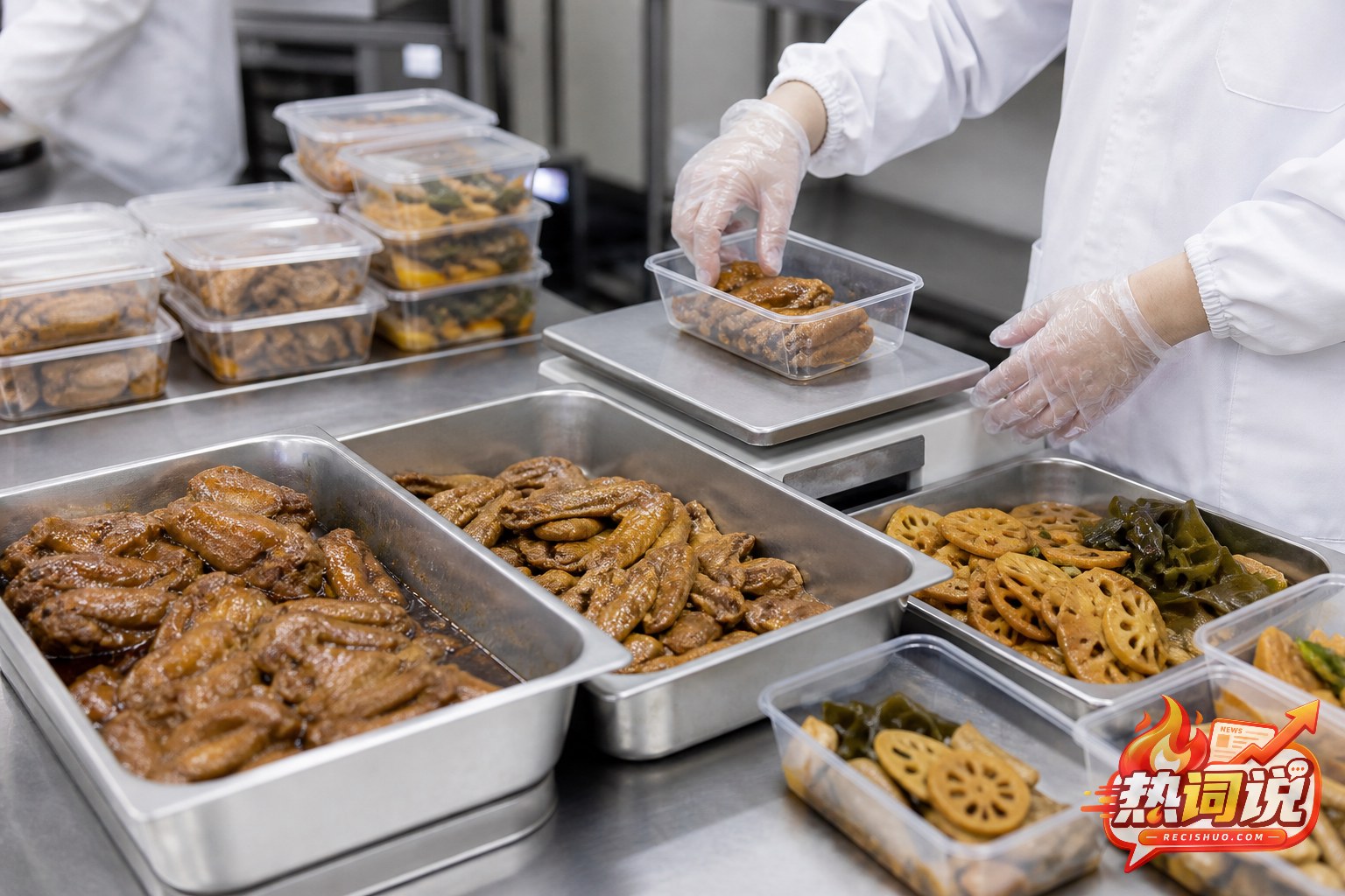 食品研发人员在洁净操作区称量鸭类卤味与小份产品