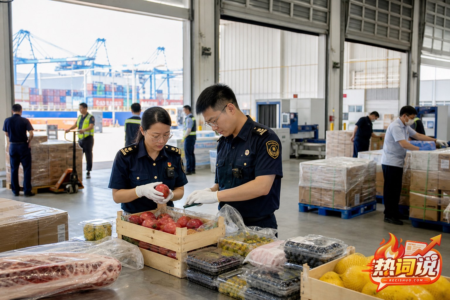 中国港口附近的物流查验中心内,工作人员正在检查入境生鲜商品