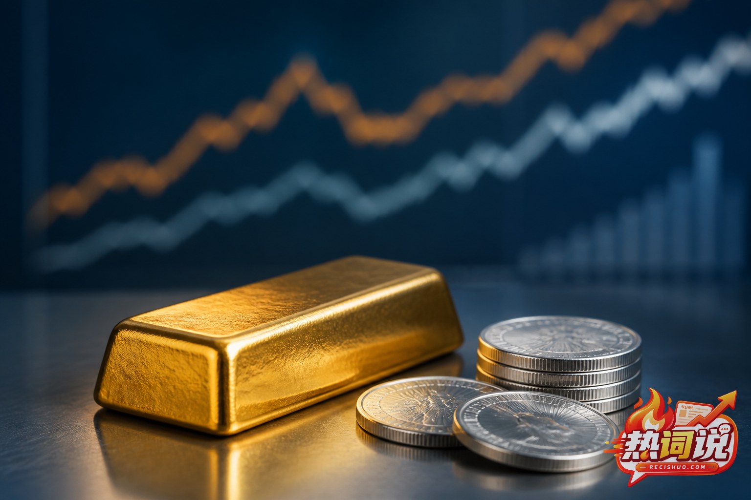 金条与银币置于抽象上涨行情曲线前的贵金属市场场景