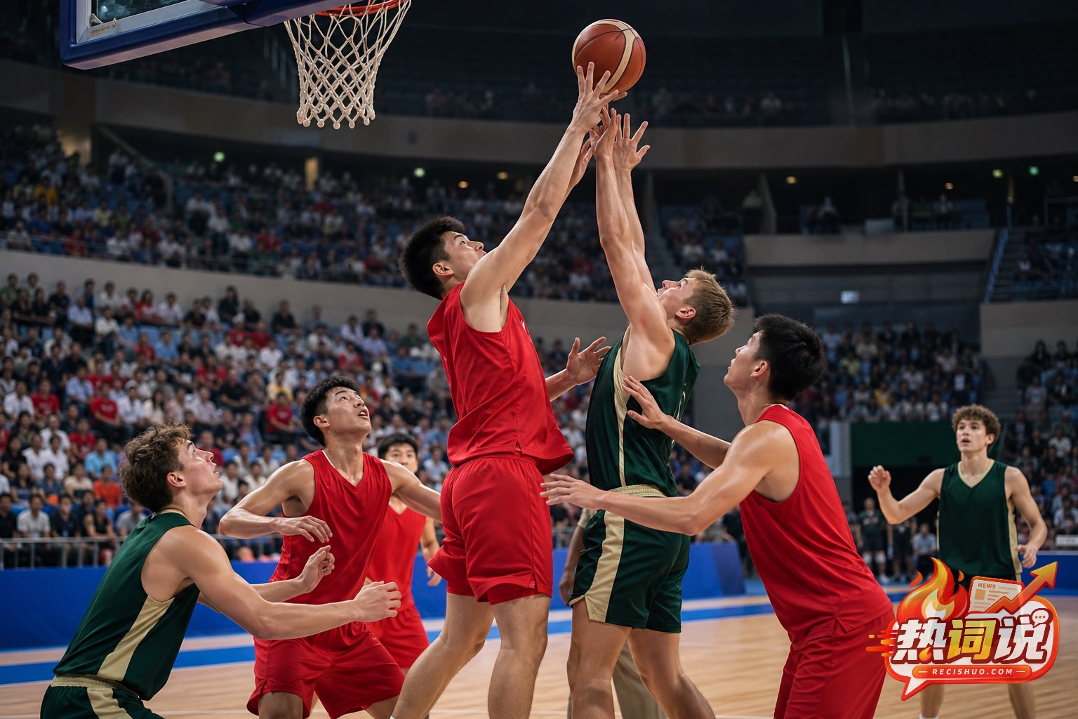 中国与澳大利亚U18男篮球员在篮下争抢篮球的比赛场景