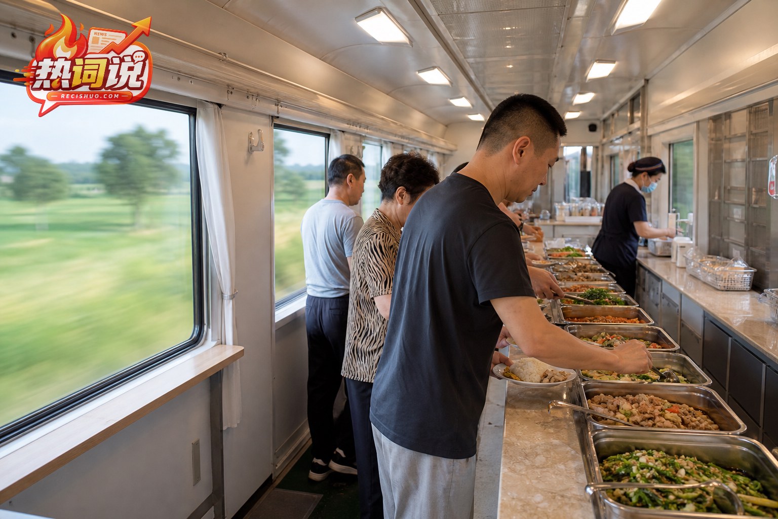 行驶中的普速列车餐车内,旅客正在自助餐台选取中式热菜