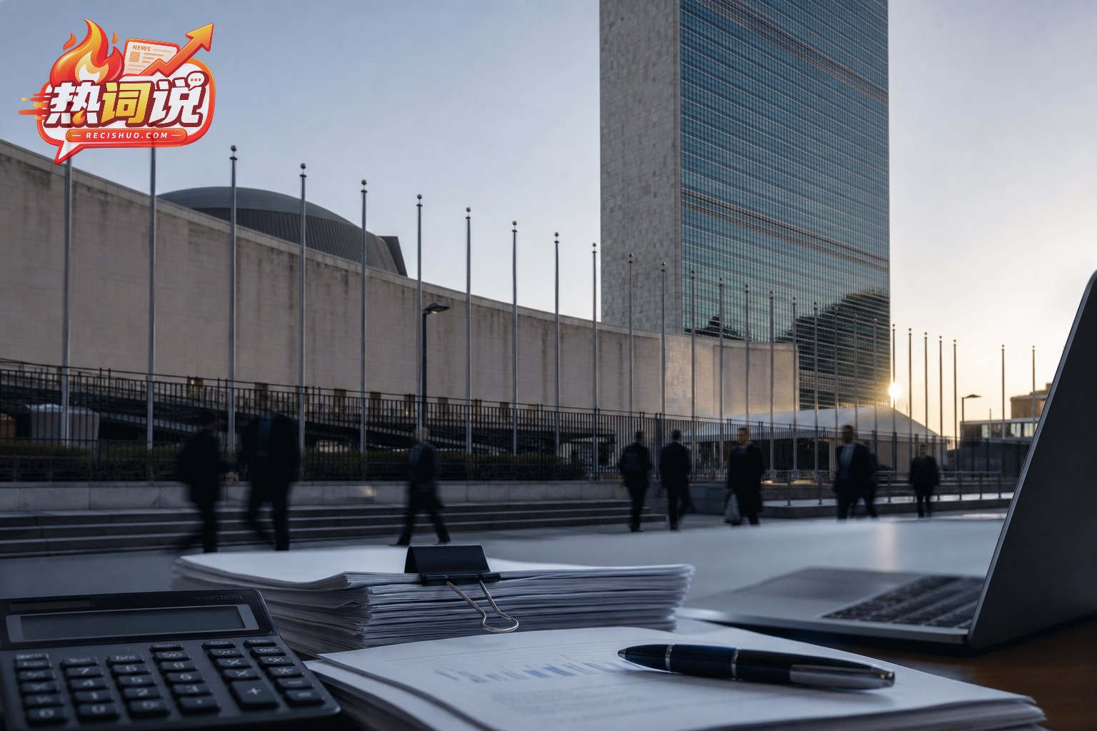 纽约联合国总部前摆放财务文件与计算器的新闻纪实场景