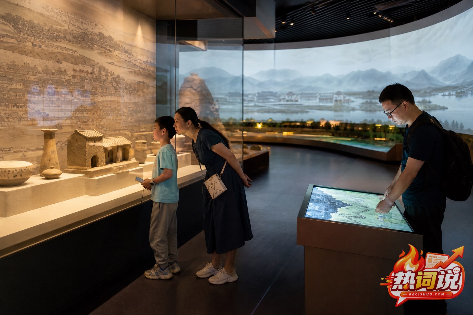 游客在地方博物馆观看展品并体验数字化展陈