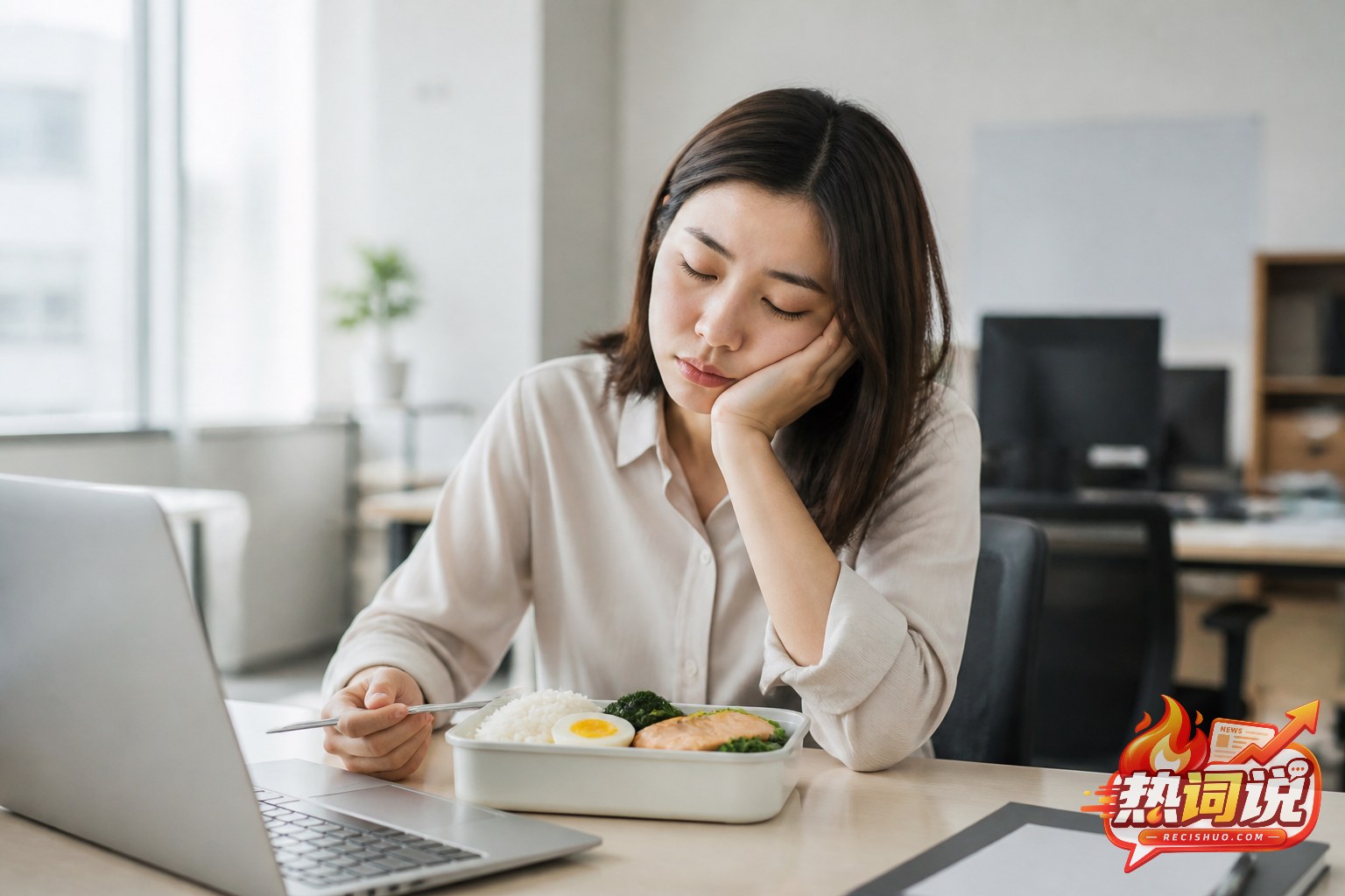 午后办公室内,一名年轻上班族面对含米饭、鸡蛋、鱼肉和蔬菜的午餐显得困倦