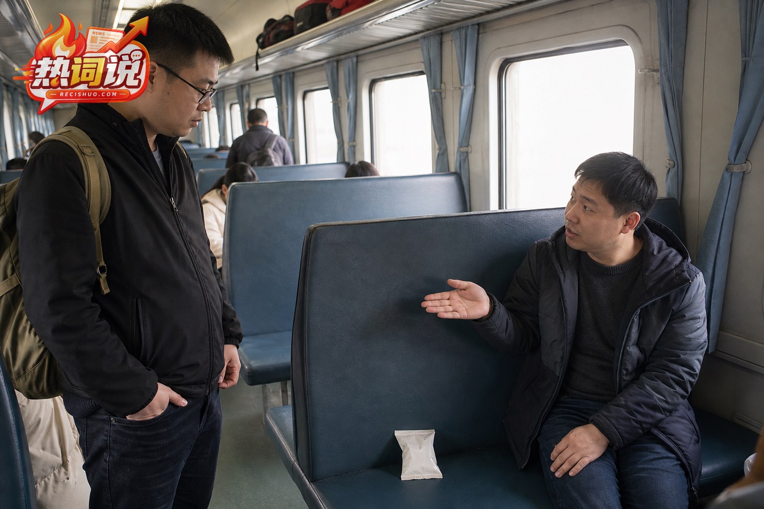 列车硬座车厢内旅客围绕放有零食的空席位平静沟通