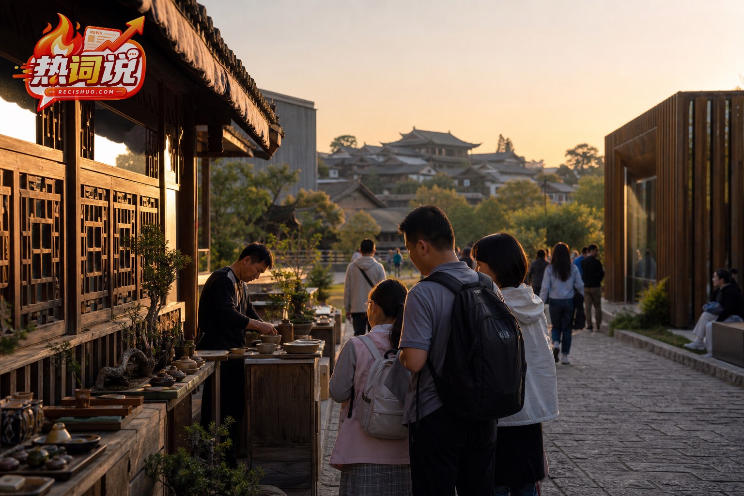 夕阳下游客在传统街区参观地方手工艺展示