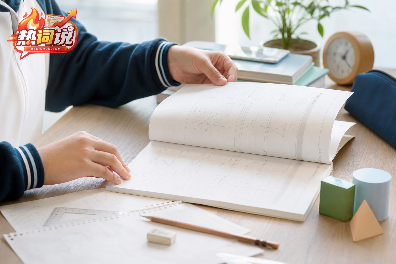 学生在家庭书桌前翻阅数学练习册并使用草稿纸和几何模型学习