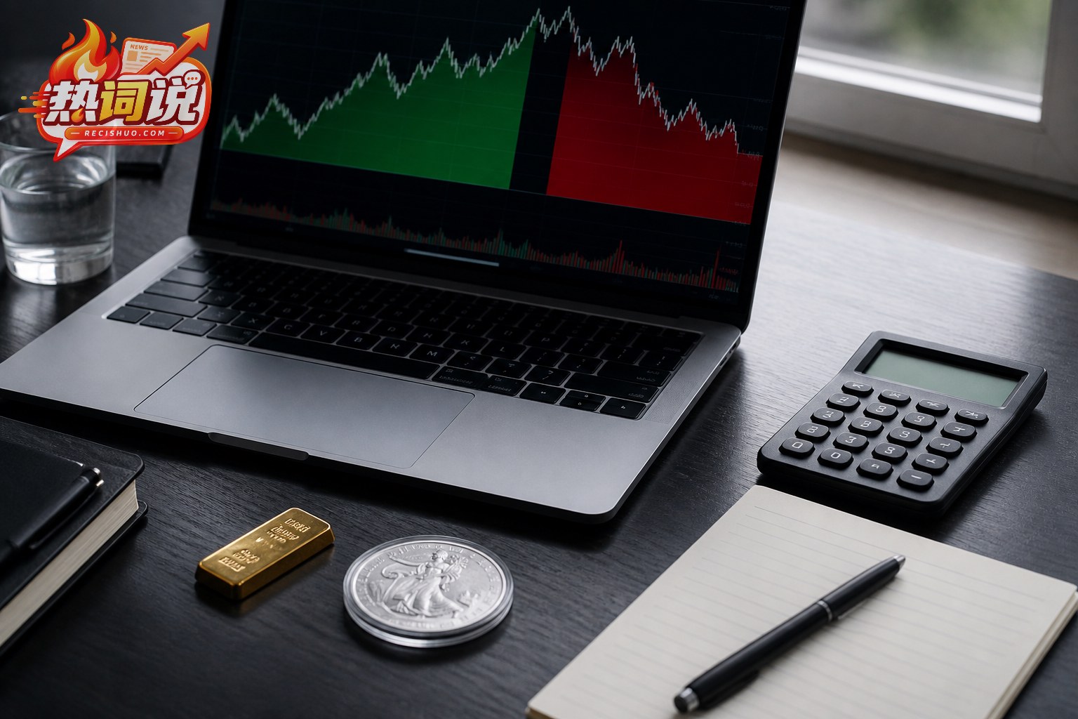 金银实物、计算器与行情屏幕组成的贵金属交易分析场景