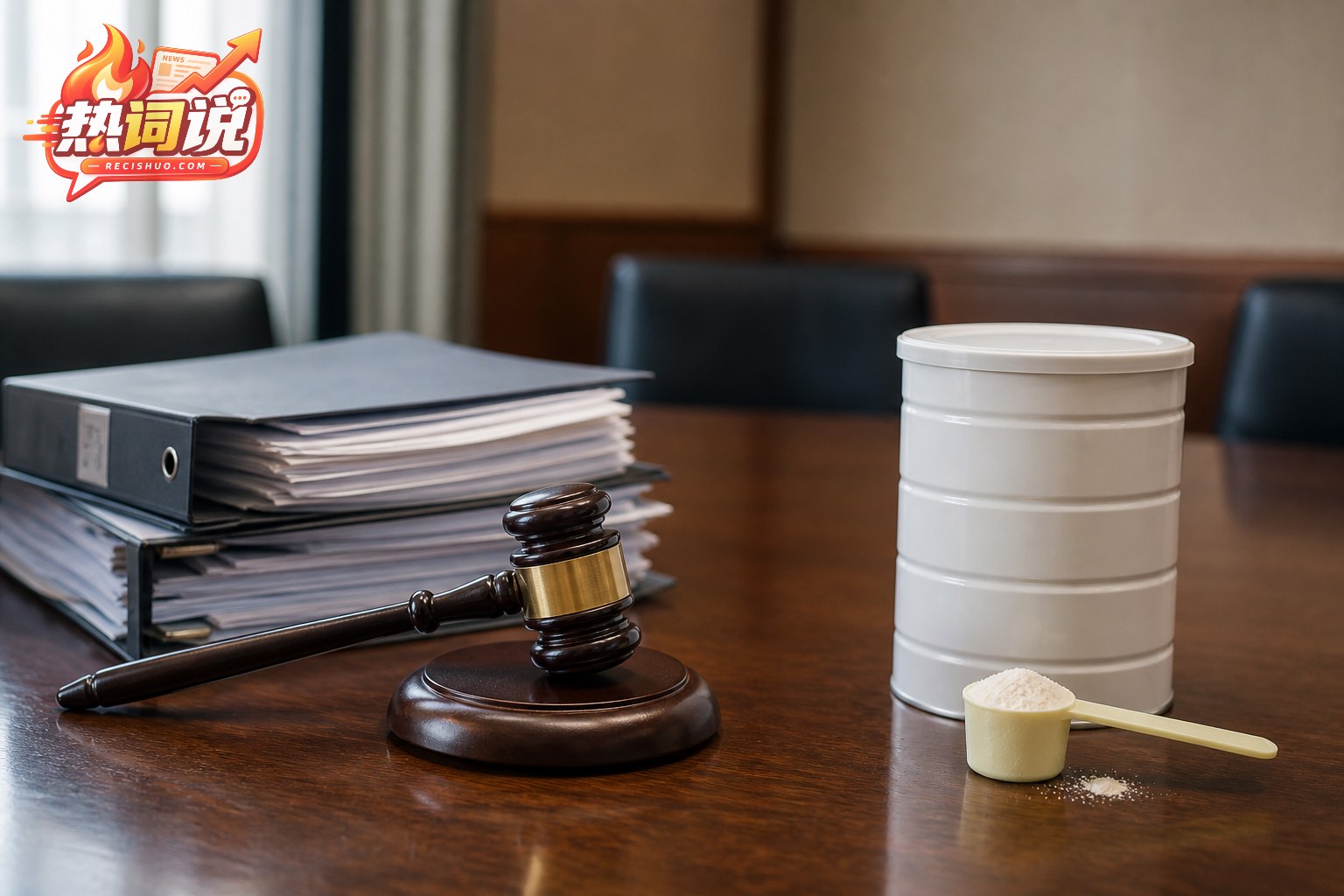 法槌、案件卷宗与无品牌婴儿配方粉罐组成的诉讼和解新闻场景