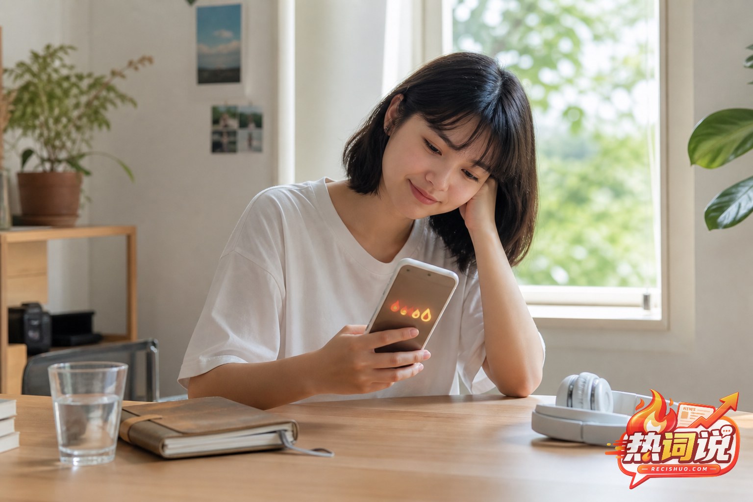 年轻人在夏日清晨的书桌前查看带有抽象火花图形的手机