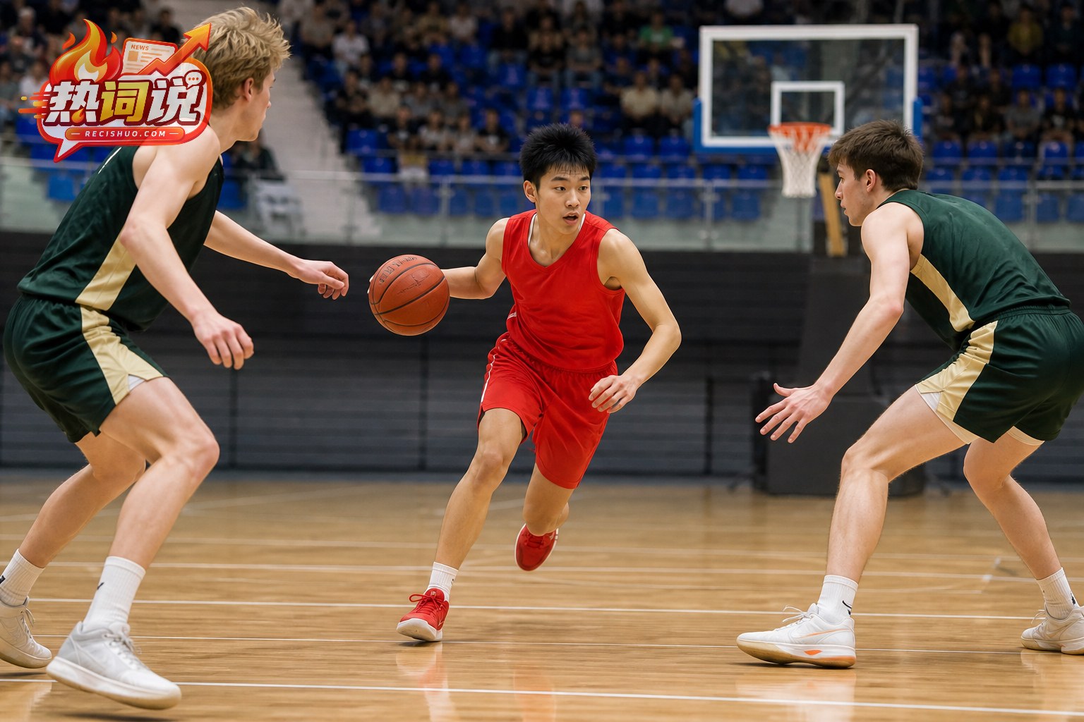 中国U18男篮后卫持球面对两名澳大利亚队防守球员