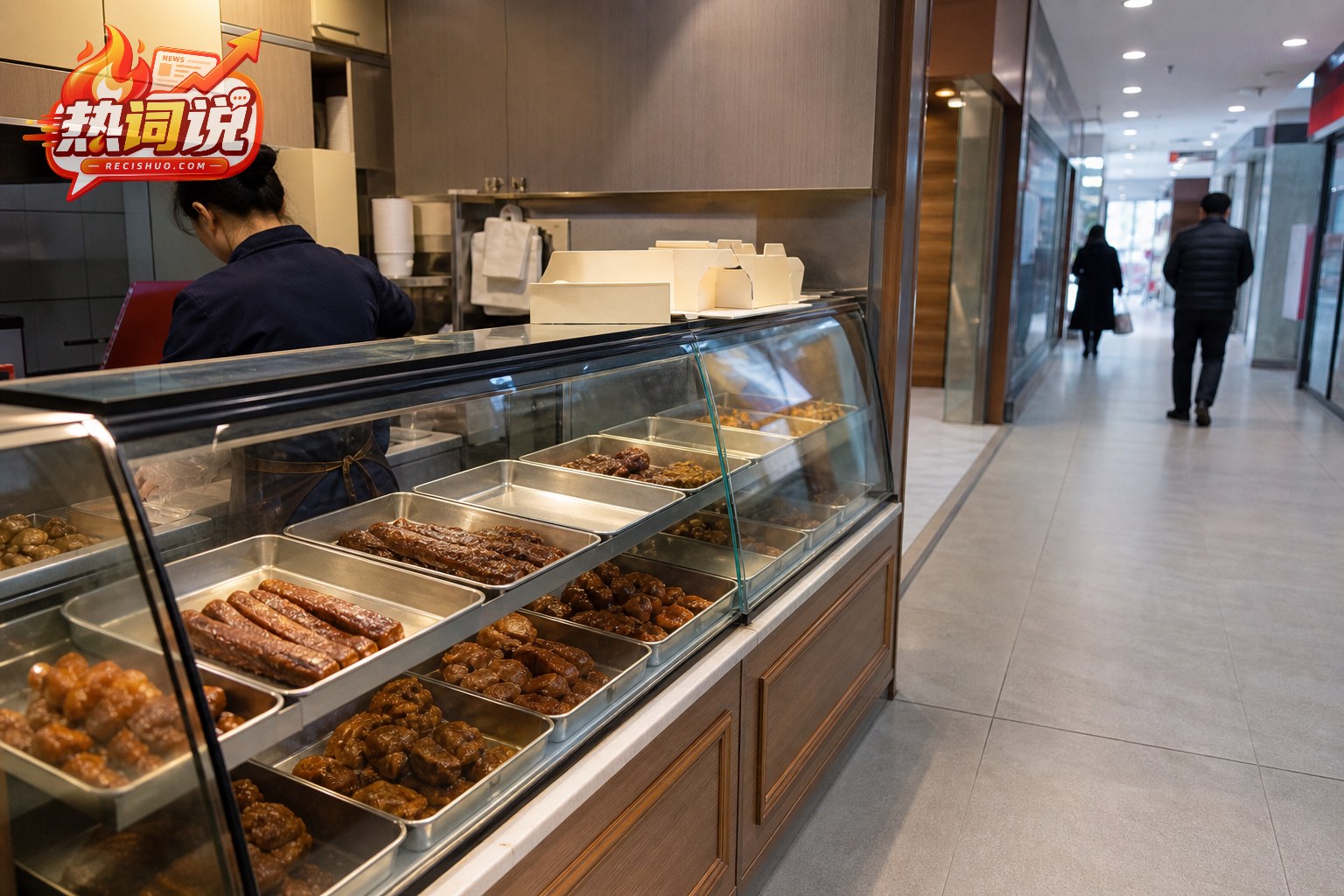 社区卤味门店店员整理玻璃柜内鸭货与卤菜的经营场景