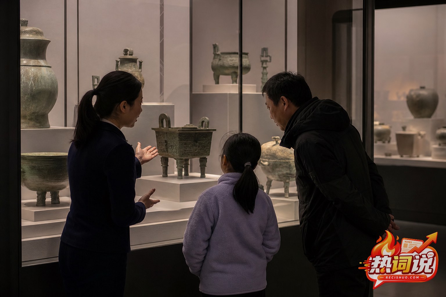家长和孩子在博物馆内听讲解员介绍古代器物