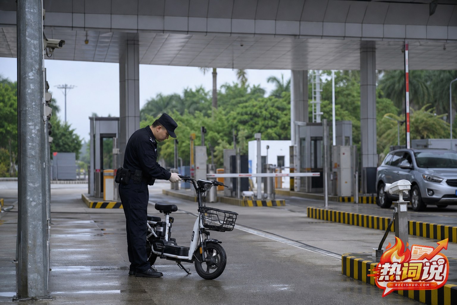 瑞丽陆路口岸查验通道内关员检查一辆入境电动自行车