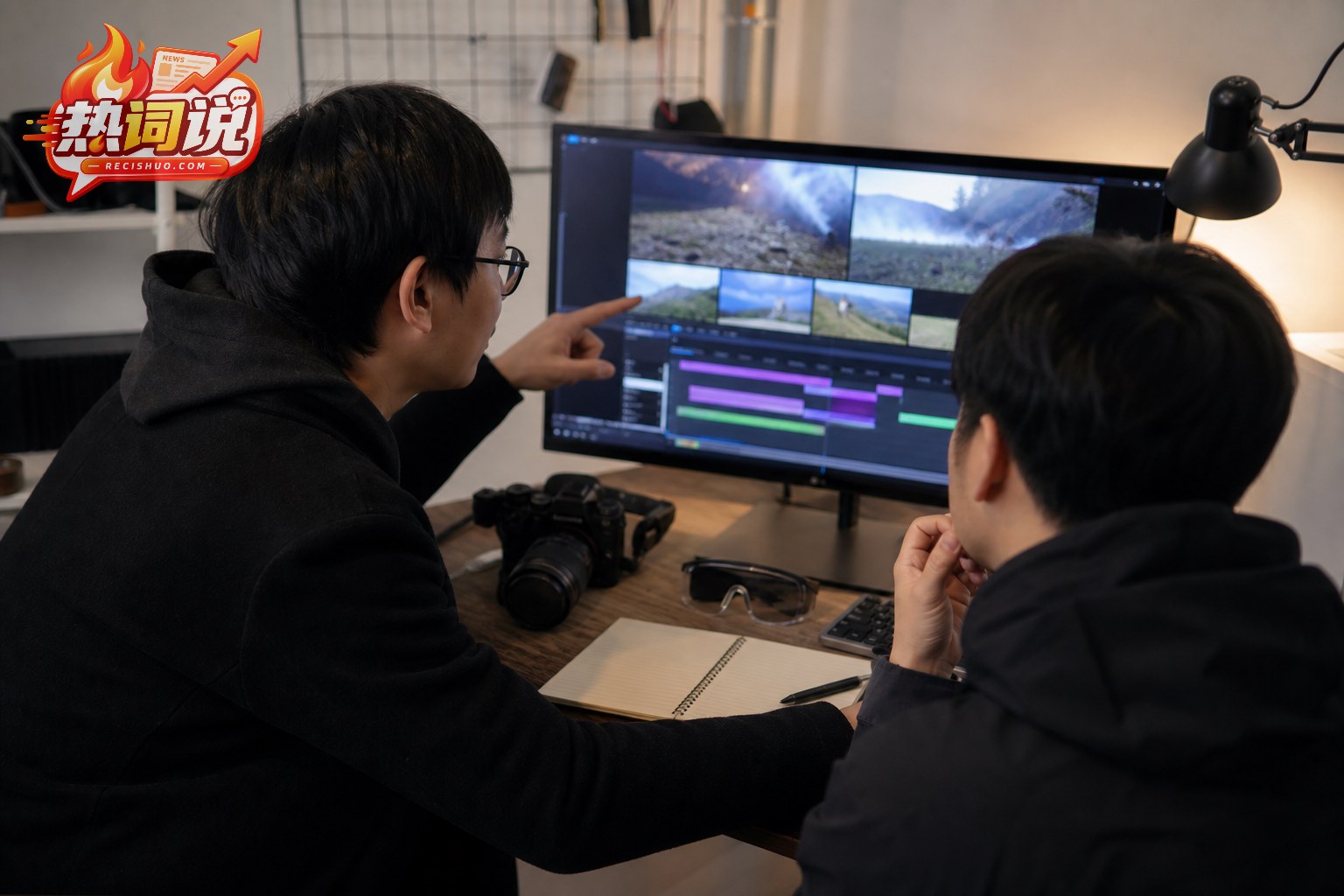 创作者与同伴在剪辑工作台前复盘沉浸体验拍摄素材