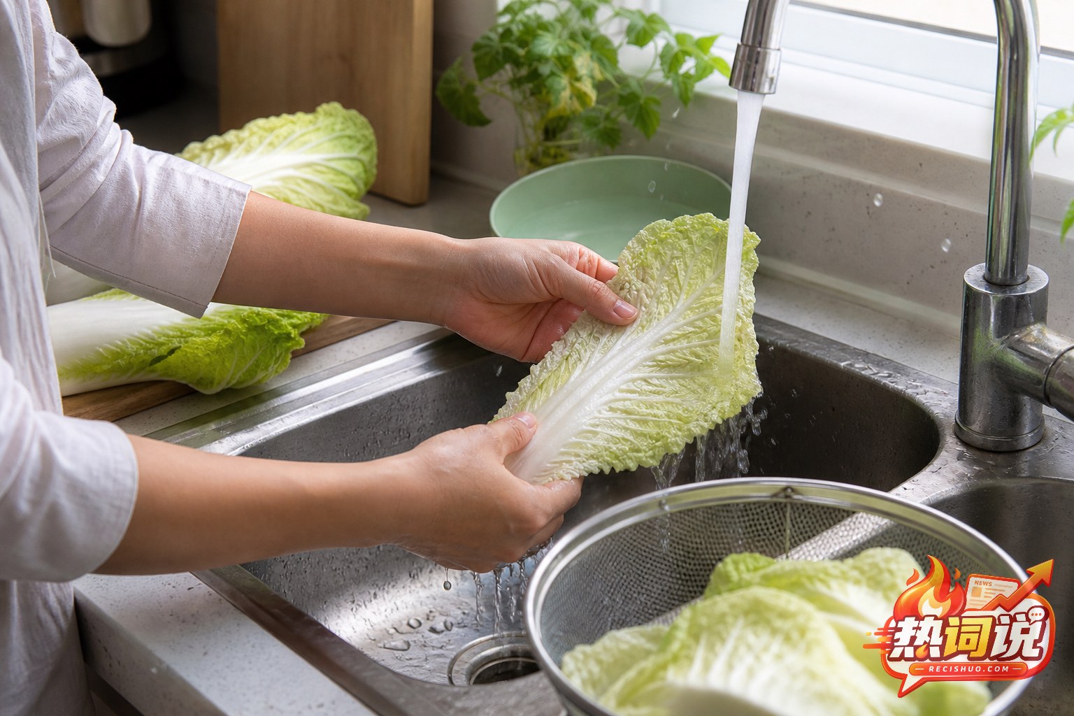 消费者在家庭厨房内逐片清洗白菜叶