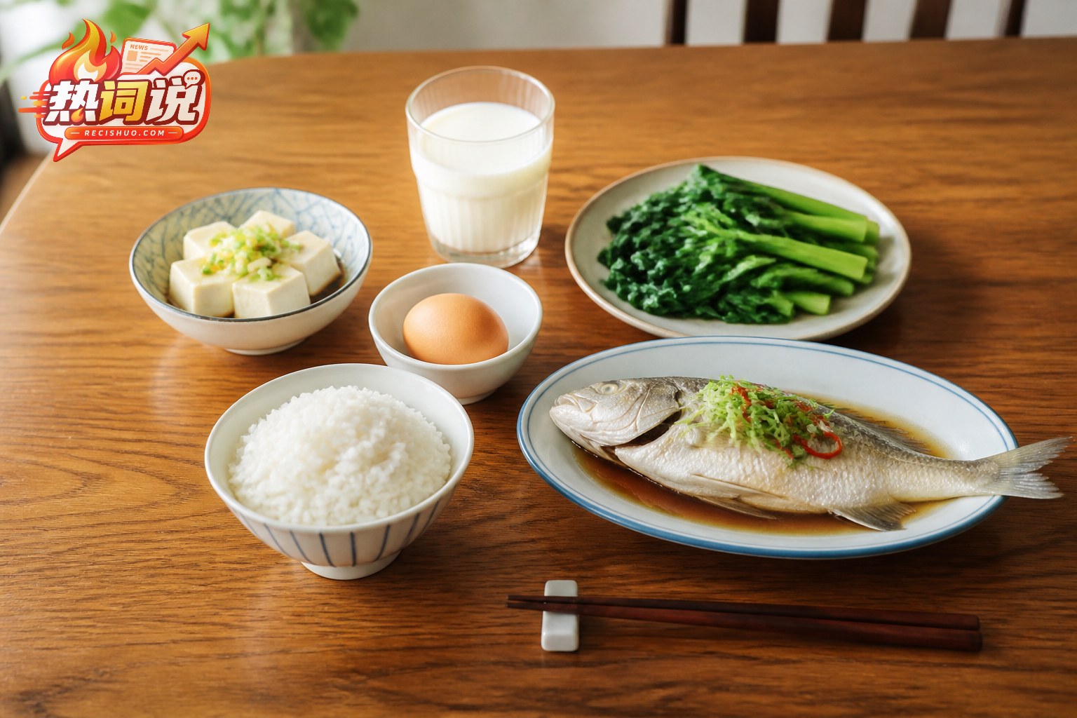 家庭餐桌上的米饭、清蒸鱼、鸡蛋、豆腐、牛奶和绿叶蔬菜