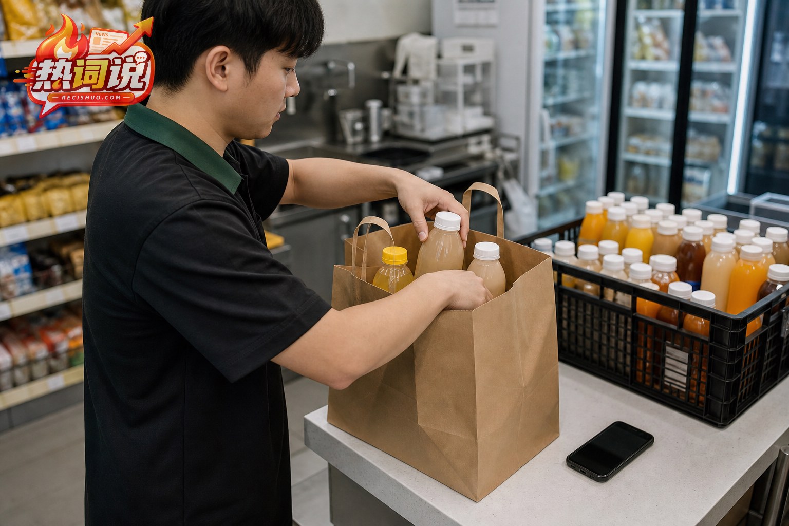 便利店工作人员将无品牌瓶装饮料装入外送纸袋